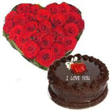 Heart Shaped Arrangement of 24 Red Roses and 1 kg Chocolate Cake